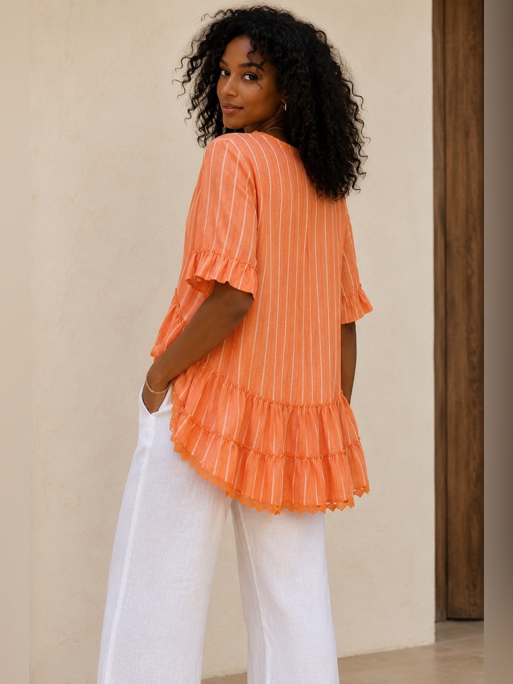 Blue Island Orange Boho Blouse Striped Crochet Lace Peplum Top Size M - Picture 2 of 10